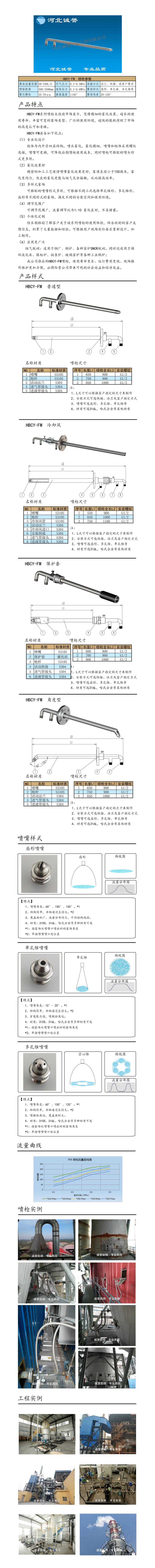 電廠脫硝噴槍保護套、噴槍參數、材質尺寸、流量分布圖、扇形空心錐俯視圖介紹，以及噴槍霧化視頻展示和工程案例介紹